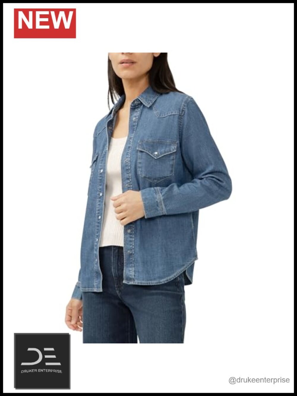 Vintage Western Denim Button-Down Shirt with Snap Front and Pockets